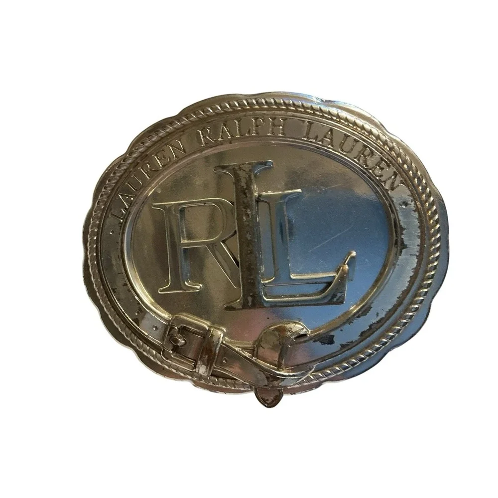 VTG Lauren Ralph Lauren Leather Belt Trophy Style Buckle Silver Tone Western RLL